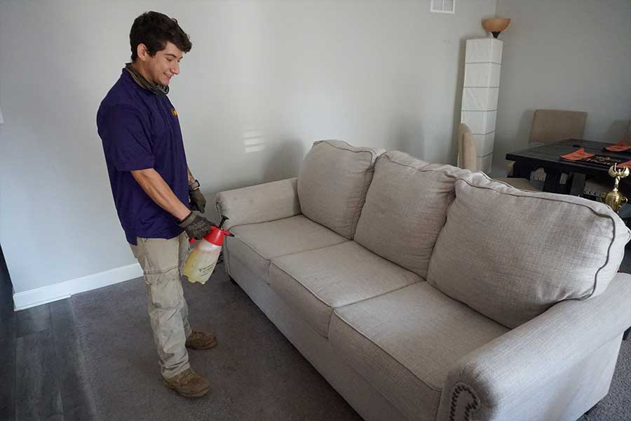 Smiling technician from the best upholstery cleaning service pre-treating a light beige couch with a spray bottle before a thorough cleaning