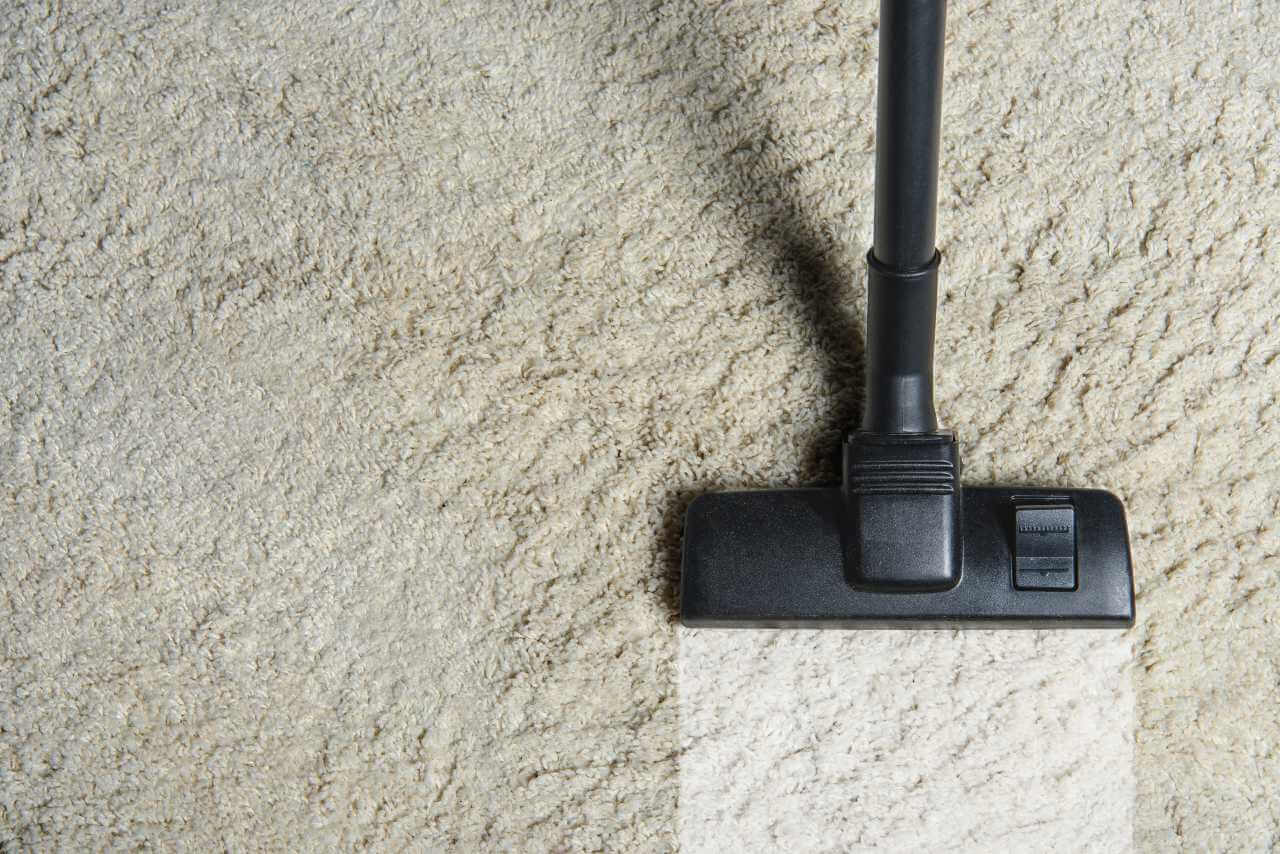 top view of a vacuum cleaner cleaning a white carpet