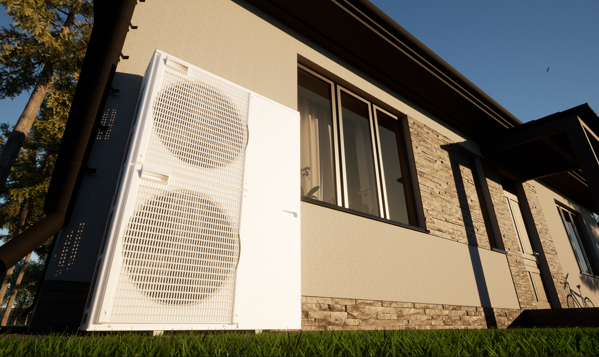 Outdoor HVAC unit on a modern home exterior in natural daylight, illustrating considerations for maintaining air quality, including how to get rid of mold in air ducts and cleaning air ducts in winter